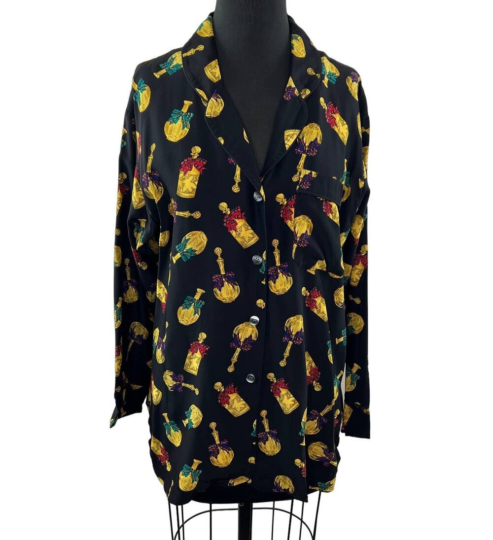 VTG INC International Concepts 100% Silk Blouse Perfume Bottle Print Vintage M